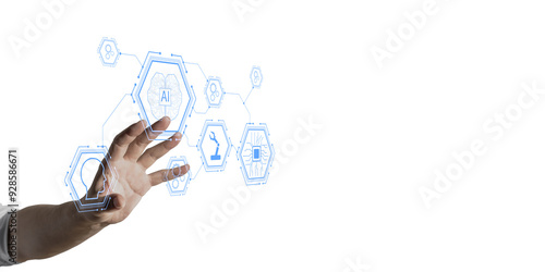 A hand interacting with futuristic AI technology icons, displayed in a clean and minimalistic graphic style on a white background. Concept of artificial intelligence and machine learning technology