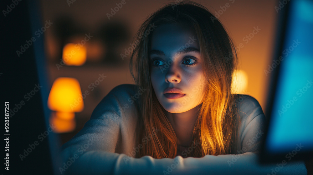 Young Woman Engrossed in Computer Screen Young Woman Engrossed in Computer Screen