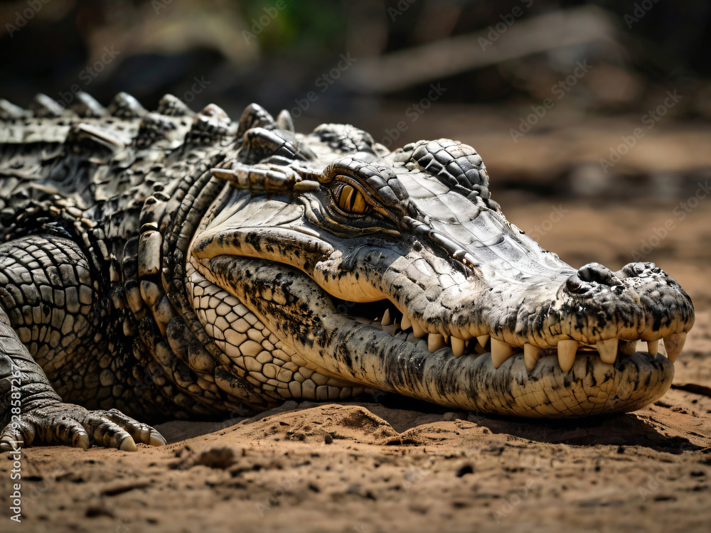 a close-up image of a wild crocodile resting on land