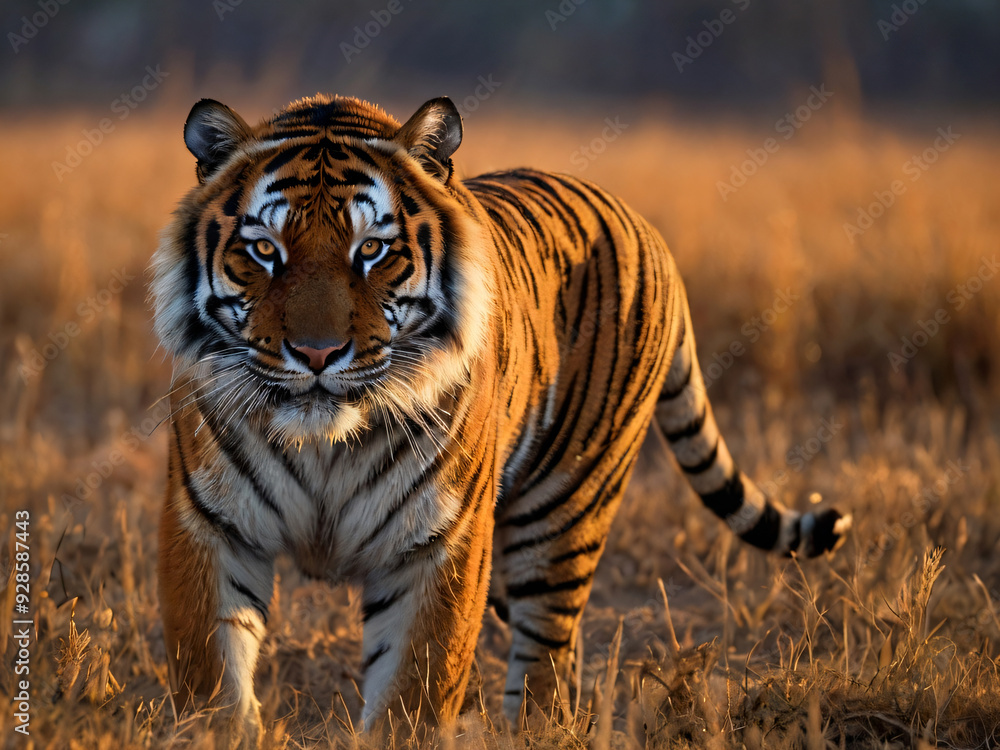 a captivating scene of a tiger in a dusty field at dusk