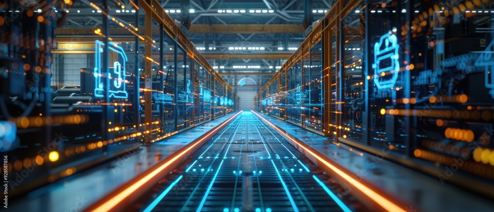 Obraz premium Advanced Smart Factory Automation with Futuristic Holographic Display for Manufacturing Innovation and Efficiency