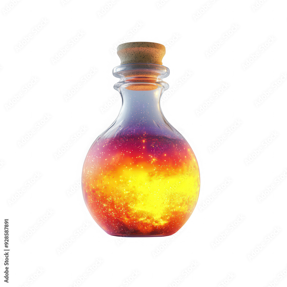 A glass bottle with a cork stopper and a yellowish orange liquid inside A glass bottle with a cork stopper and a yellowish orange liquid inside