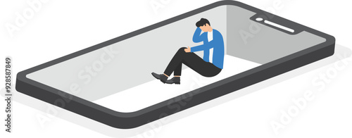 a man in a business suit sits in a pit on a smartphone screen as in a trap,

