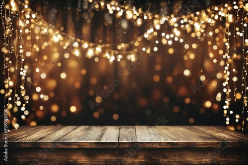 Golden Lights on Wooden Table Background