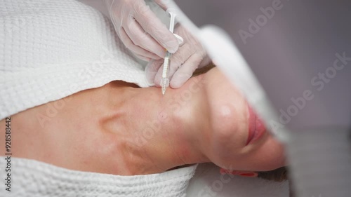 Doctor Cosmetologist Makes Rejuvenating Injections Procedure for Tightening and Smoothing Wrinkles on Skin Neck of a Beautiful Woman in Beauty Salon. Injection Contour Plastic Surgery.