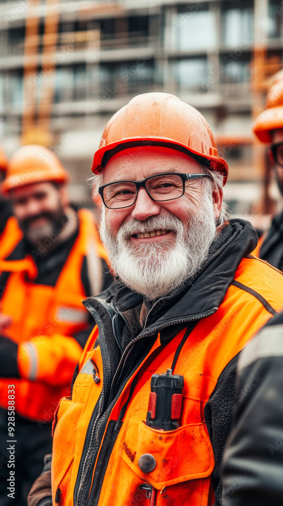A group of smiling workers at a construction site A group of smiling workers at a construction site