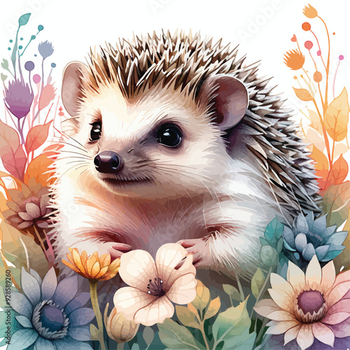 Baby hedgehog within flowers vector.eps