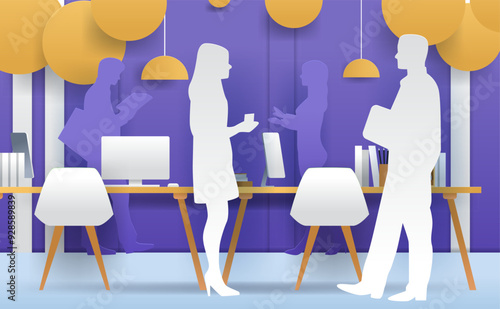 Office workers discussing projects modern workspace silhouette figures in paper cut style. White and purple human figures engaging in conversations and working at desks with computers and books