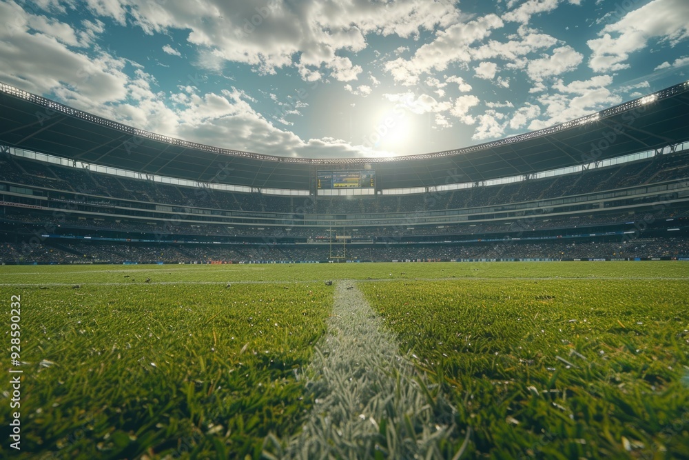 Fototapeta premium A soccer field with the sun shining through the clouds, great for sports and outdoor scenes