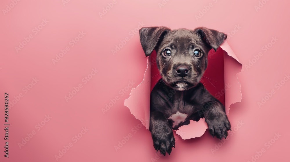 A cute dog with floppy ears on a colorful paper wall