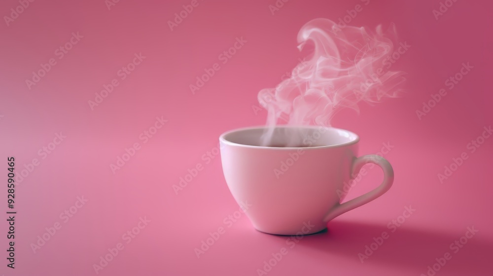 A white cup of coffee with steam rising from it, sitting on pink background A white cup of coffee with steam rising from it, sitting on pink background