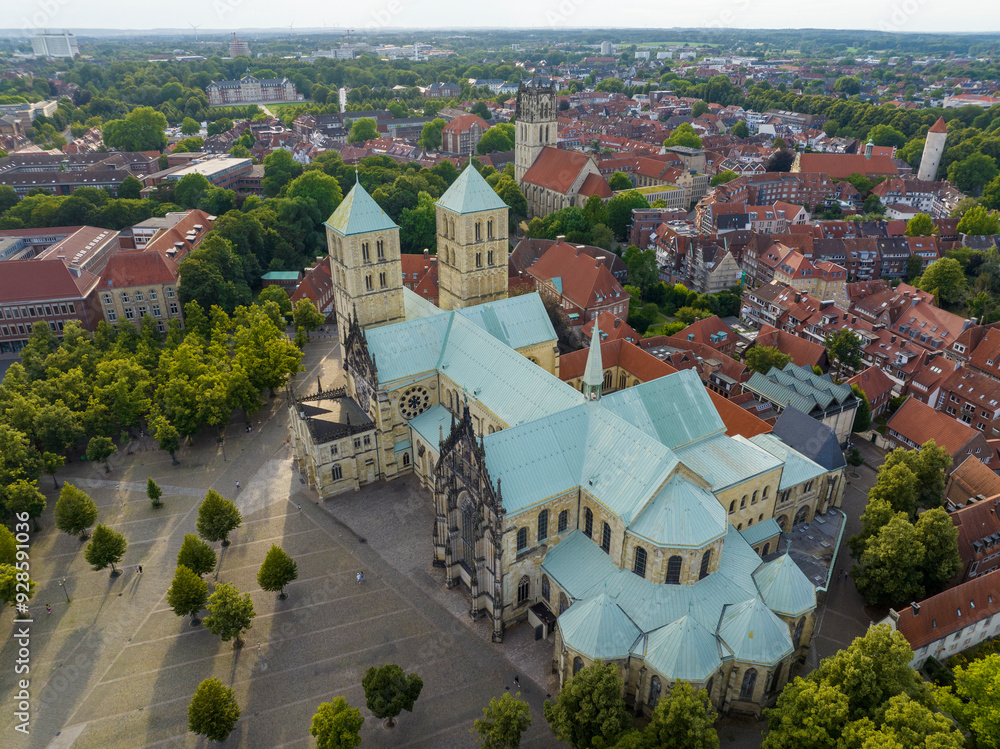 City of Muenster, Germany, Aerial Shot of St. Paulus Dom in Evening. Munster in North Rhine Westphalia, NRW, Germany.