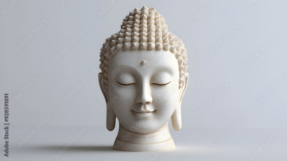 8. Detailed 3D Buddha head with traditional features and a soft, textured surface, isolated on a pristine white background. 8. Detailed 3D Buddha head with traditional features and a soft, textured surface, isolated on a pristine white background.