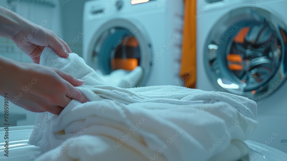 A woman’s hands folding white towels, background shows washing machine A woman’s hands folding white towels, background shows washing machine