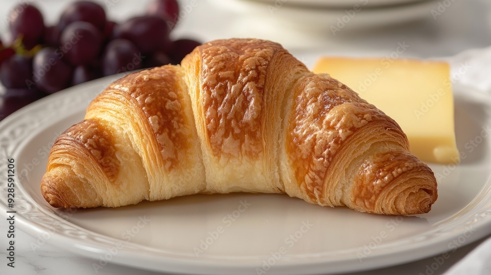 A freshly baked croissant bread on a white plate, with a slice of cheese and a few grapes for a balanced breakfast. A freshly baked croissant bread on a white plate, with a slice of cheese and a few grapes for a balanced breakfast.