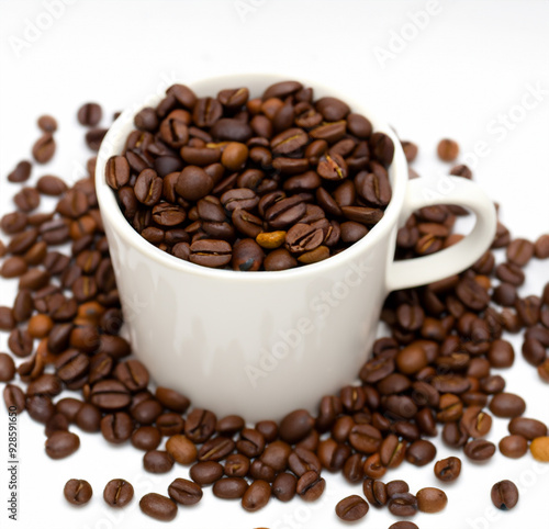 Cup coffee beans , white background