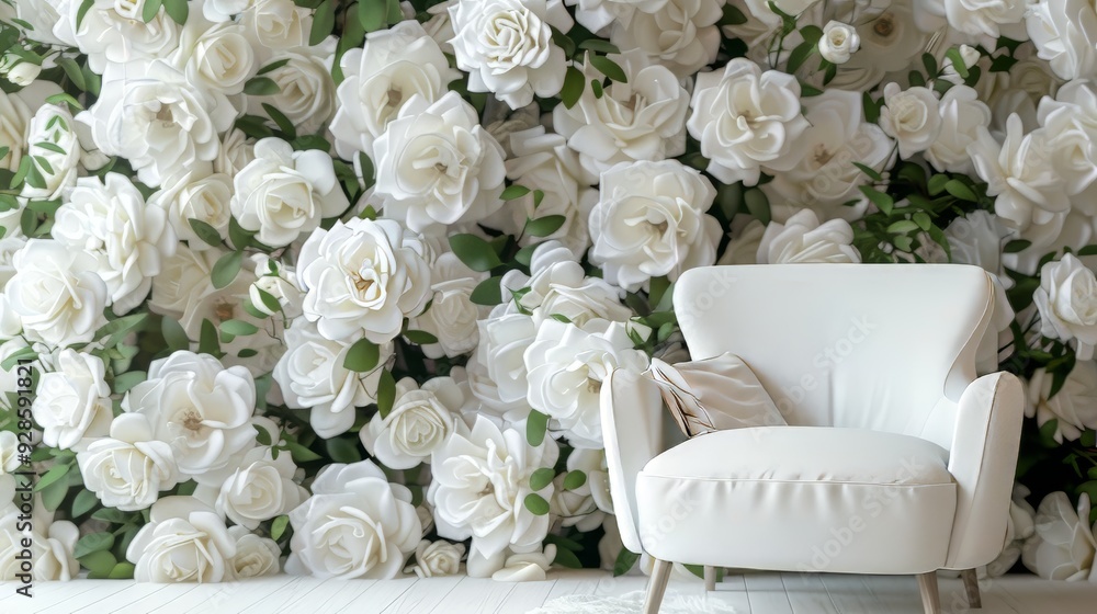 Giant flowers with a white background and a white chair in the middle of the frame Giant flowers with a white background and a white chair in the middle of the frame