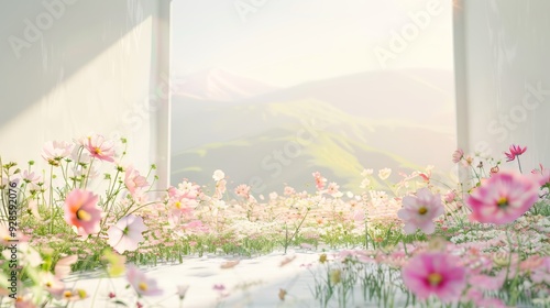 Pastel empty room with tons of flowers