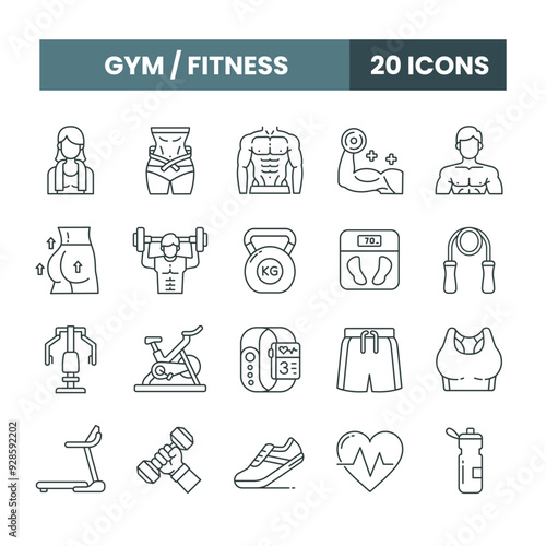 Gym and fitness icon set in outline style
