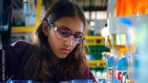 Schoolgirl in a chemical laboratory at a class of chemistry