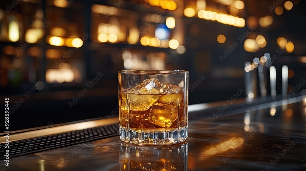 A glass of whisky with ice cubes, placed on a sophisticated bar counter with dim lighting. A glass of whisky with ice cubes, placed on a sophisticated bar counter with dim lighting.