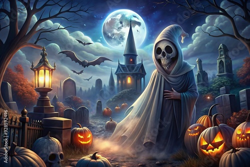 Halloween concept background of realistic horror house and creepy street with moonlight