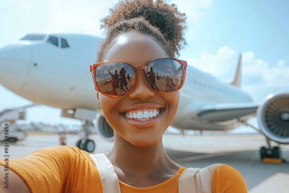 Happy woman with sunglasses and a big smile taking a selfie in front of a plane. Happy woman with sunglasses and a big smile taking a selfie in front of a plane.