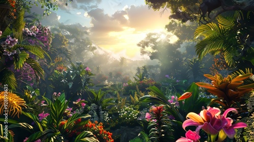 Garden of Eden, filled with vibrant flowers, exotic plants, and peaceful animals