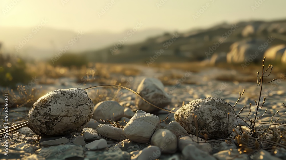 A detailed close-up of David's sling and stones lying on the ground A detailed close-up of David's sling and stones lying on the ground