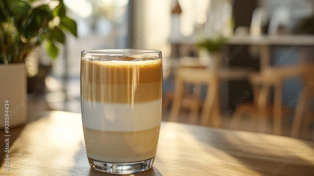 A layered latte macchiato in a clear glass, with distinct coffee and milk layers, A layered latte macchiato in a clear glass, with distinct coffee and milk layers,