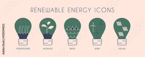Green energy icons. Renewable source types inside light bulbs: solar, water, fossil, wind, biomass, wave, hydro powers. Green eco technology. Vector illustrations