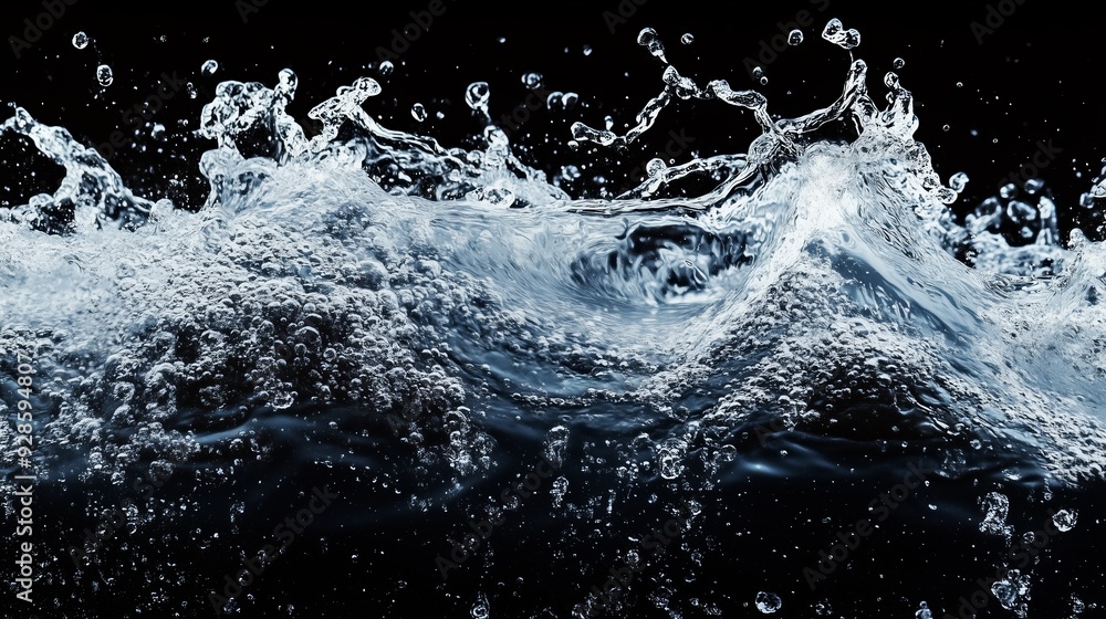 Dynamic water splashes with bubbles on a dark background Dynamic water splashes with bubbles on a dark background