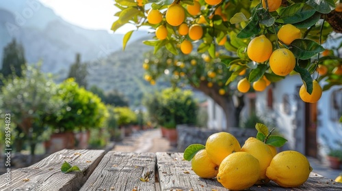 lemon tree with big yellow lemons in sunny day on the background with Italian village