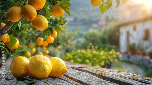 lemon tree with big yellow lemons in sunny day on the background with Italian village