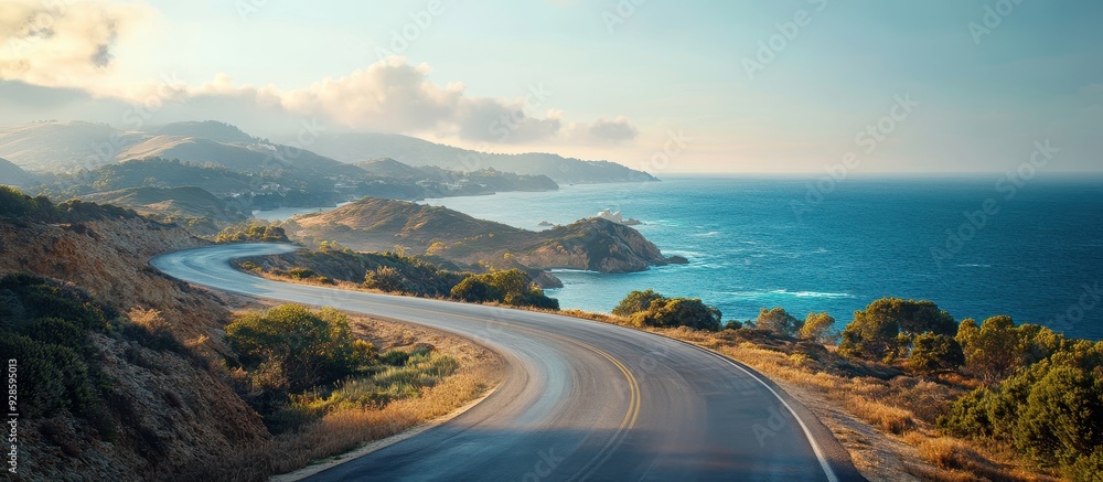 Scenic Coastal Road Winding Through Hills with Ocean View and Clear Blue Sky Scenic Coastal Road Winding Through Hills with Ocean View and Clear Blue Sky