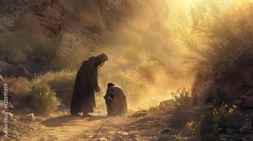 The Good Samaritan helping the injured traveler by the roadside