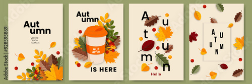 Set of autumn greeting card, poster, cover, banner, or flyer design with bright leaves. Template for advertising, web, social media. Vector illustration