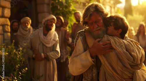 The prodigal son, being embraced by his joyful father