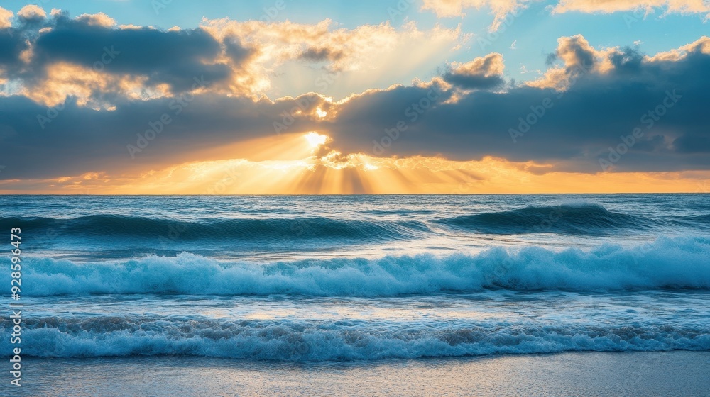 Obraz premium A serene seascape at sunset with rays of light breaking through clouds over gentle waves.