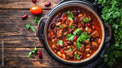 rustic pot of hearty meat chili with beans and fresh herbs