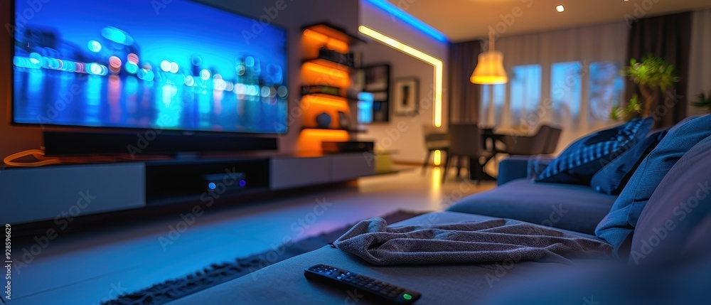 Futuristic Smart Home Entertainment System with Voice Control and Streaming Options Futuristic Smart Home Entertainment System with Voice Control and Streaming Options