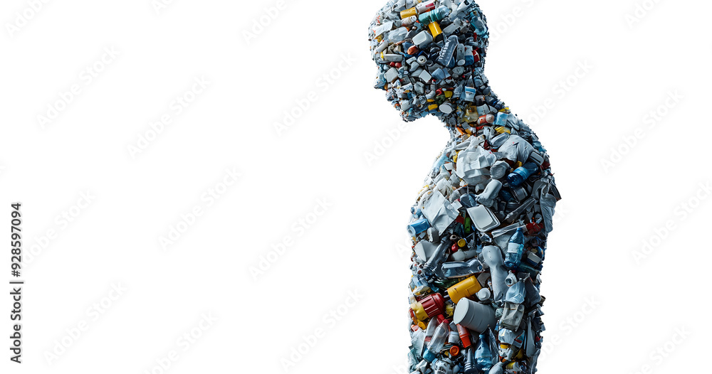 A human figure composed of various discarded items, symbolizing waste and the environmental impact of pollution. A human figure composed of various discarded items, symbolizing waste and the environmental impact of pollution.