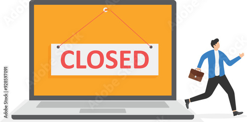 laptop with a tablet closed and a man in a business suit leaving him,

