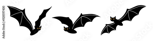 Profile view of flying bats with long wings. Vector isolated set of Halloween personages, characters or animals for decoration of mysterious and scary postcards or invitation cards for holiday