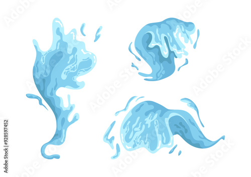Water splashes and wave with drops. Vector liquid spattering fluids with droplets, isolated flows of transparent fresh drink, clear aqua streams or spills. Seawater or rainwater motion collection