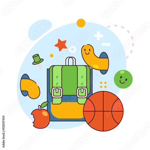 Rucksack of school pupil or university student. Vector flat backpack, bag with pockets and shoulder straps, apple and emoticon, basketball ball and cute smiling worm character