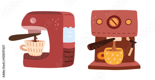 Equipment and machine makers for preparing and brewing tasty and aromatic caffeine beverages. Vector coffee shop or cafe service, shop with assortment. Coffeehouse or restaurant refreshing liquid