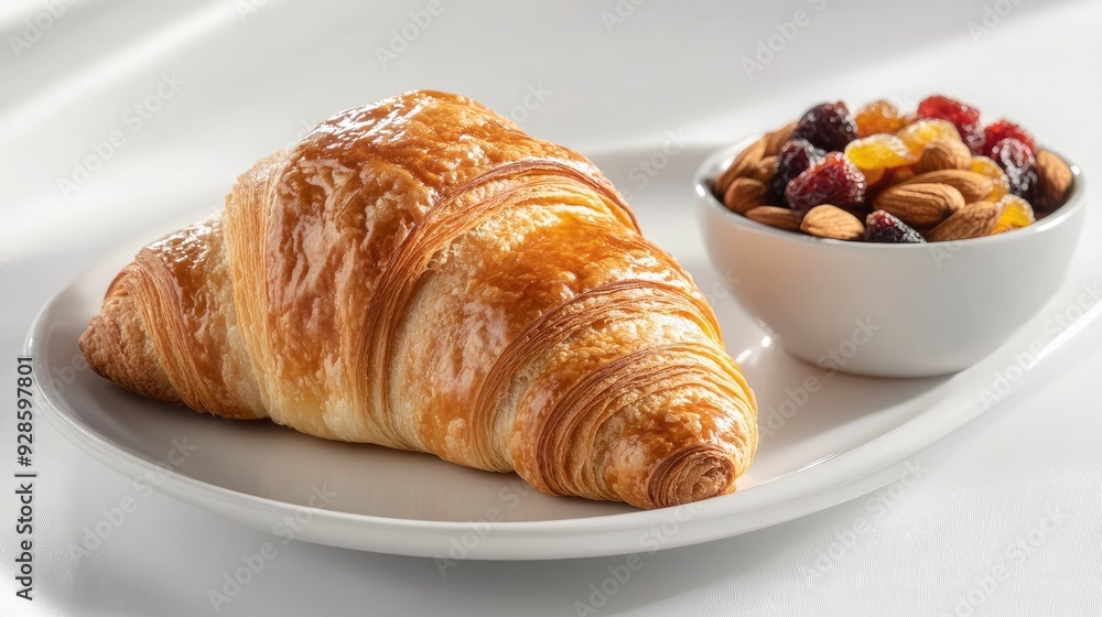 A single croissant bread on a white plate, with a small bowl of mixed nuts and dried fruits beside it. A single croissant bread on a white plate, with a small bowl of mixed nuts and dried fruits beside it.