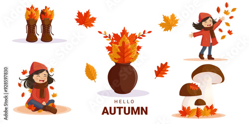 Hello, autumn. A set of autumn elements. Vector illustration of a pumpkin, boots, mushrooms, a joyful girl in autumn clothes, autumn leaves.