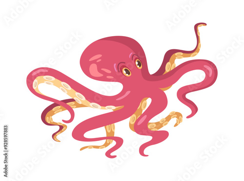 Red octopus aquatic cuttlefish, cephalopod seafood marine fantasy animal. Vector illustration of kraken octopus with tentacles, creature with sucker limbs, sea underwater squid illustration